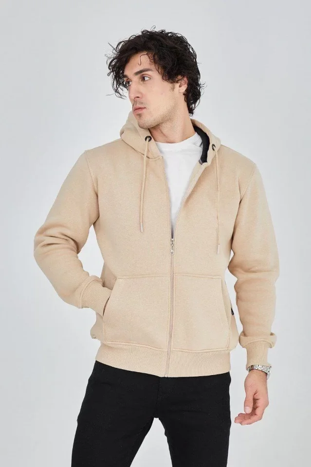 Erkek Kapüşonlu Düz Fermuarlı Hırka 3 - Bej
