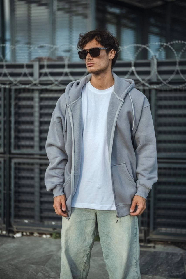 Oversize Tam Fermuarlı Uzun Kol Hırka -1  Gri