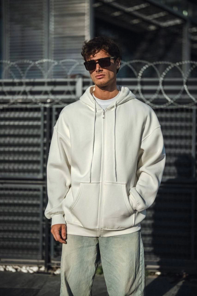 Oversize Tam Fermuarlı Uzun Kol Hırka 3 - Beyaz