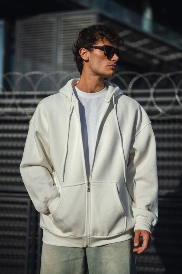 Oversize Tam Fermuarlı Uzun Kol Hırka 3 - Beyaz