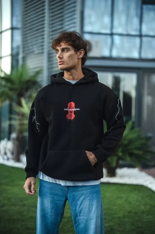 Üç İplik Kapüşonlu Baskılı Oversize SweatShirt- Siyah