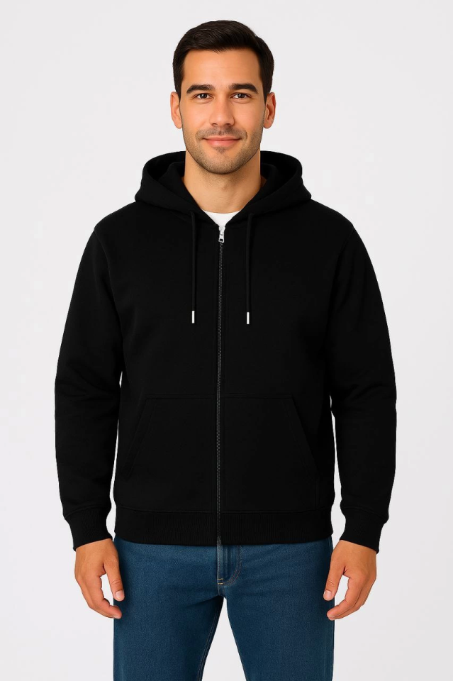 Erkek Üç İplik Kapüşonlu Tam Fermuarlı Kanguru Çepli SweatShirt Hoodie - Siyah
