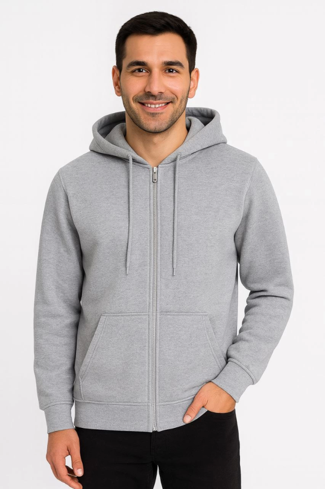 Erkek Üç İplik Kapüşonlu Tam Fermuarlı Kanguru Çepli SweatShirt Hoodie - Gri