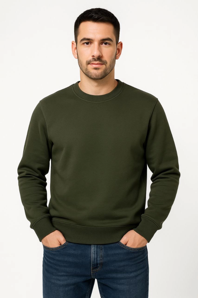 Erkek Üç İplik Düz Bisiklet Yaka SweatShirt - Haki