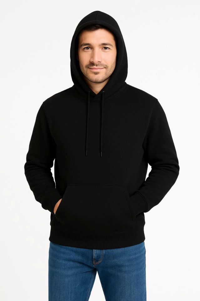 Erkek Üç İplik Kapüşonlu Kanguru Cepli SweatShirt Hoodie - Siyah