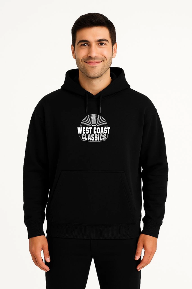 Erkek Üç İplik Kapüşonlu Ön Ve Arka Baskılı SweatShirt Hoodie - Siyah