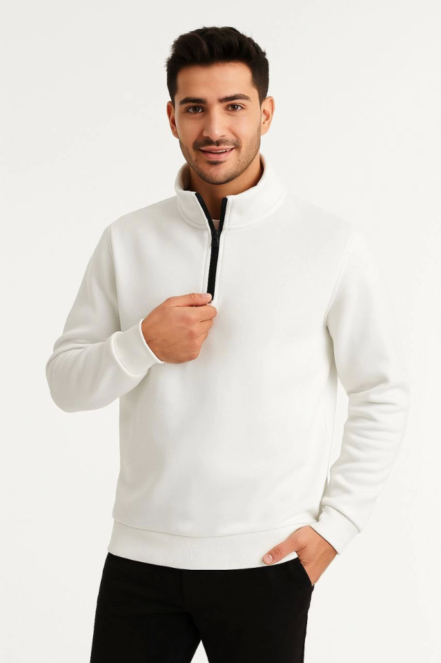 Erkek Dik Yaka Sweatshirt Dik Yaka Yarım Fermuarlı 3 İplik Şardonlu Pamuk Kumaş - Beyaz