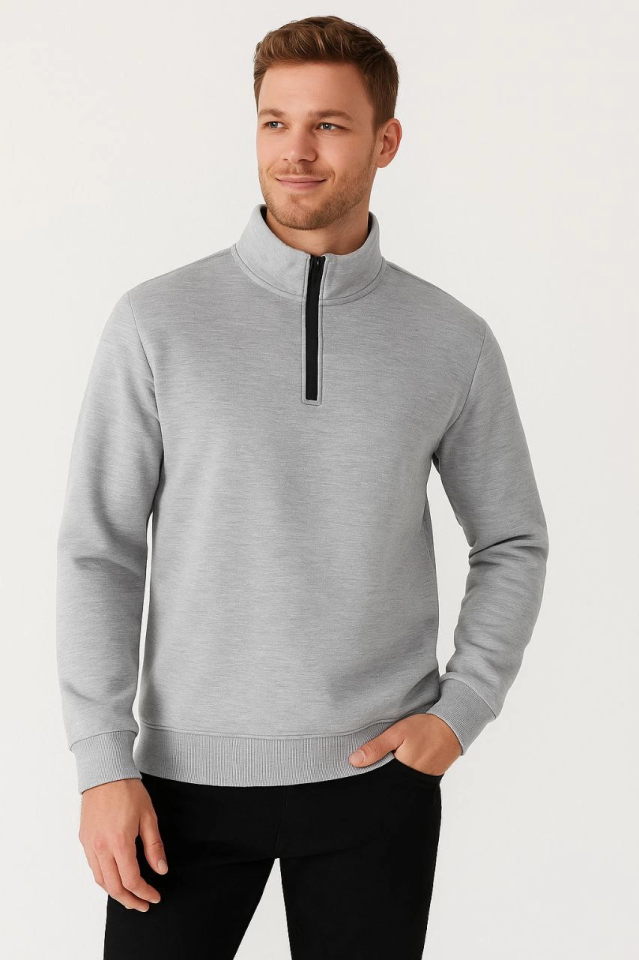 Erkek Dik Yaka Sweatshirt Dik Yaka Yarım Fermuarlı 3 İplik Şardonlu Pamuk Kumaş - Gri