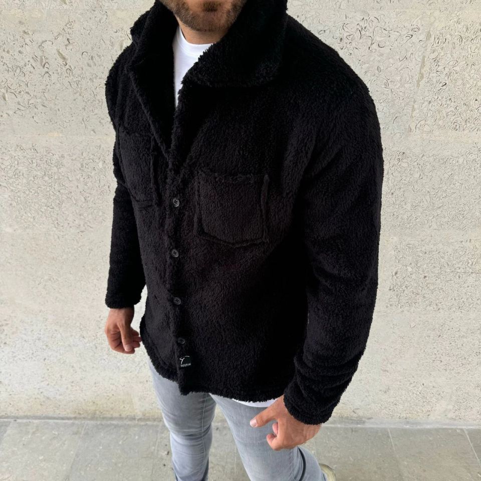Erkek Pelüş Polar Hırka Gömlek – Yakalı, İlik Düğmeli, Göğüs Cepli,6 Yumuşak Dokulu Kışlık Regular Fit Rahat Günlük Model - Siyah