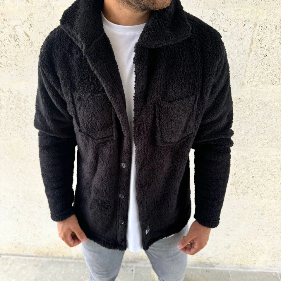 Erkek Pelüş Polar Hırka Gömlek – Yakalı, İlik Düğmeli, Göğüs Cepli,6 Yumuşak Dokulu Kışlık Regular Fit Rahat Günlük Model - Siyah
