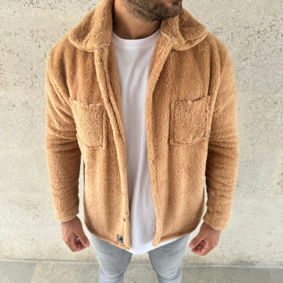 Erkek Pelüş Polar Hırka Gömlek – Yakalı, İlik Düğmeli, Göğüs Cepli, 5Yumuşak Dokulu Kışlık Regular Fit Rahat Günlük Model - Açık Kahve