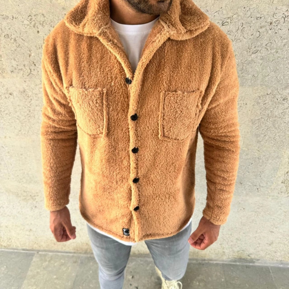 Erkek Pelüş Polar Hırka Gömlek – Yakalı, İlik Düğmeli, Göğüs Cepli, 5Yumuşak Dokulu Kışlık Regular Fit Rahat Günlük Model - Açık Kahve