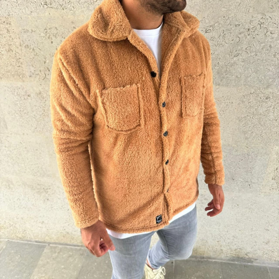 Erkek Pelüş Polar Hırka Gömlek – Yakalı, İlik Düğmeli, Göğüs Cepli, 5Yumuşak Dokulu Kışlık Regular Fit Rahat Günlük Model - Açık Kahve
