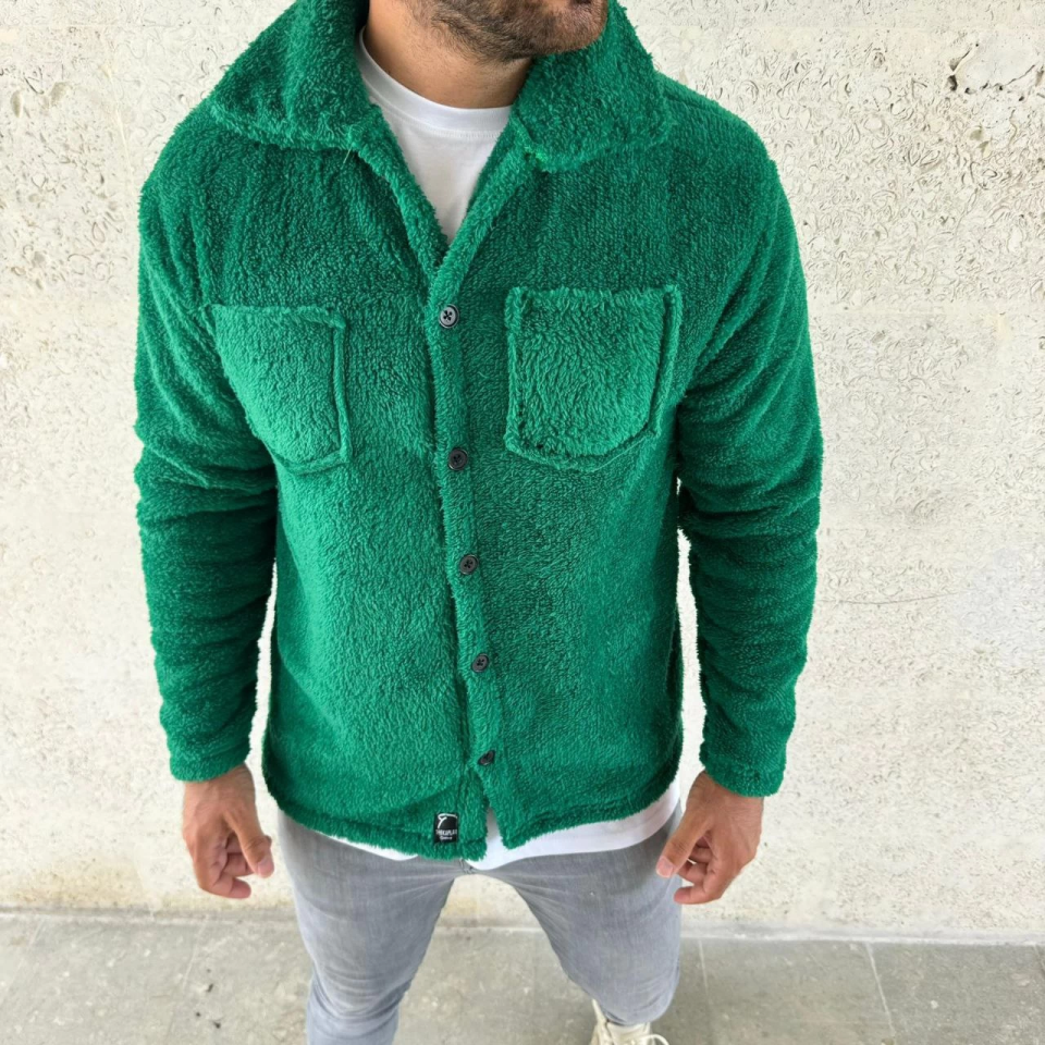 Erkek Pelüş Polar Hırka Gömlek – Yakalı, İlik Düğmeli, Göğüs Cepli, 7Yumuşak Dokulu Kışlık Regular Fit Rahat Günlük Model - Çimen Yeşili