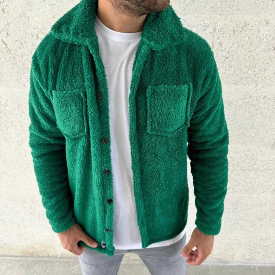 Erkek Pelüş Polar Hırka Gömlek – Yakalı, İlik Düğmeli, Göğüs Cepli, 7Yumuşak Dokulu Kışlık Regular Fit Rahat Günlük Model - Çimen Yeşili