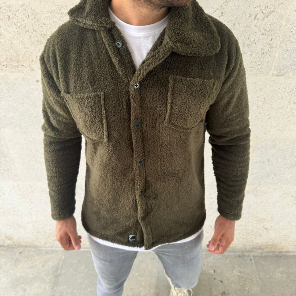 Erkek Pelüş Polar Hırka Gömlek – Yakalı, İlik Düğmeli, Göğüs Cepli,4 Yumuşak Dokulu Kışlık Regular Fit Rahat Günlük Model - Haki