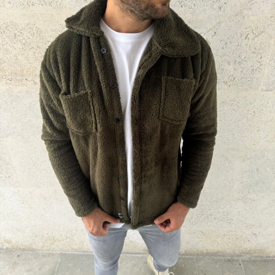Erkek Pelüş Polar Hırka Gömlek – Yakalı, İlik Düğmeli, Göğüs Cepli,4 Yumuşak Dokulu Kışlık Regular Fit Rahat Günlük Model - Haki