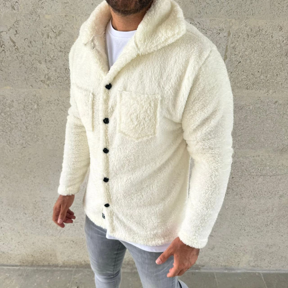Erkek Pelüş Polar Hırka Gömlek – Yakalı, İlik Düğmeli, Göğüs Cepli,3 Yumuşak Dokulu Kışlık Regular Fit Rahat Günlük Model - Beyaz