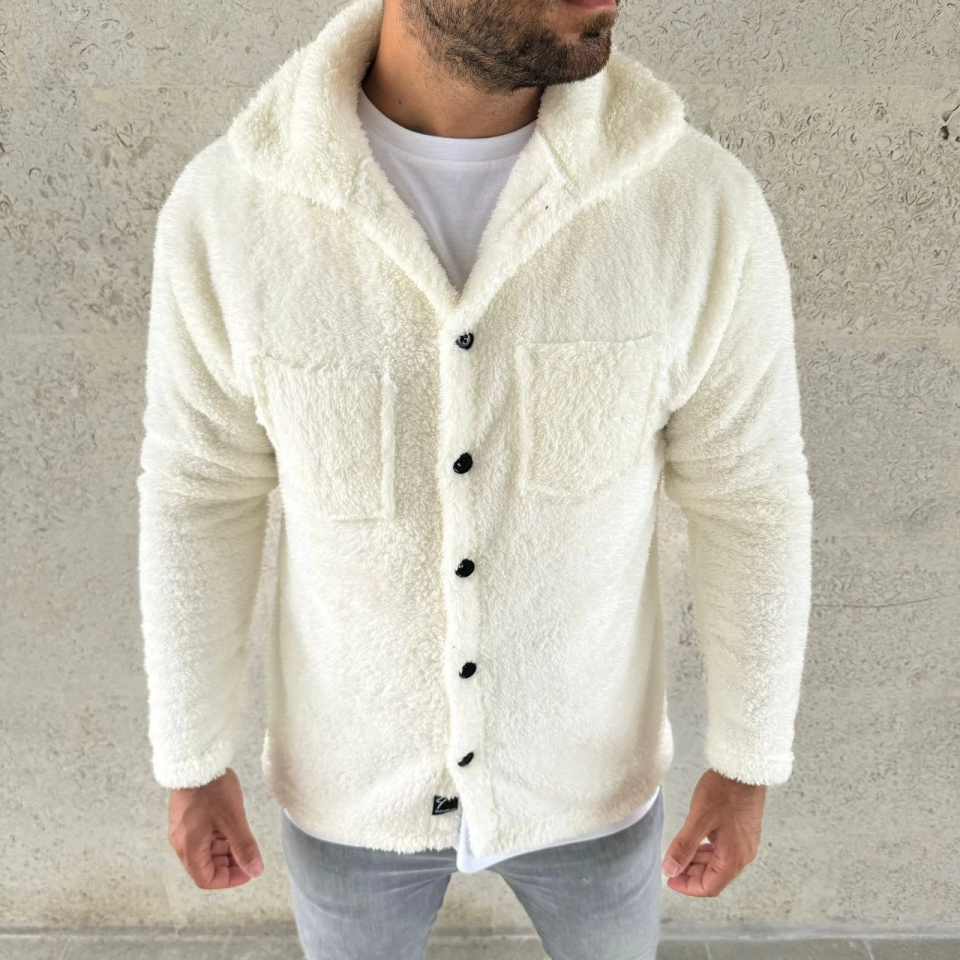 Erkek Pelüş Polar Hırka Gömlek – Yakalı, İlik Düğmeli, Göğüs Cepli,3 Yumuşak Dokulu Kışlık Regular Fit Rahat Günlük Model - Beyaz