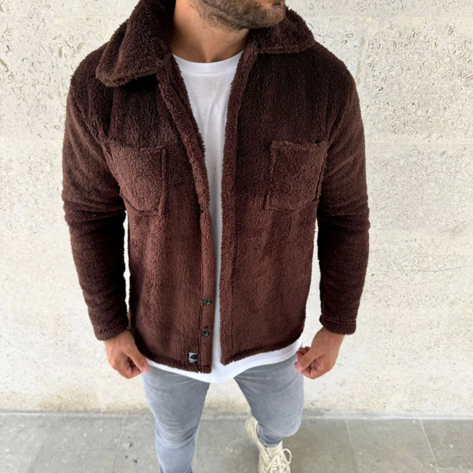 Erkek Pelüş Polar Hırka Gömlek – Yakalı, İlik Düğmeli, Göğüs Cepli,2 Yumuşak Dokulu Kışlık Regular Fit Rahat Günlük Model - Kahverengi