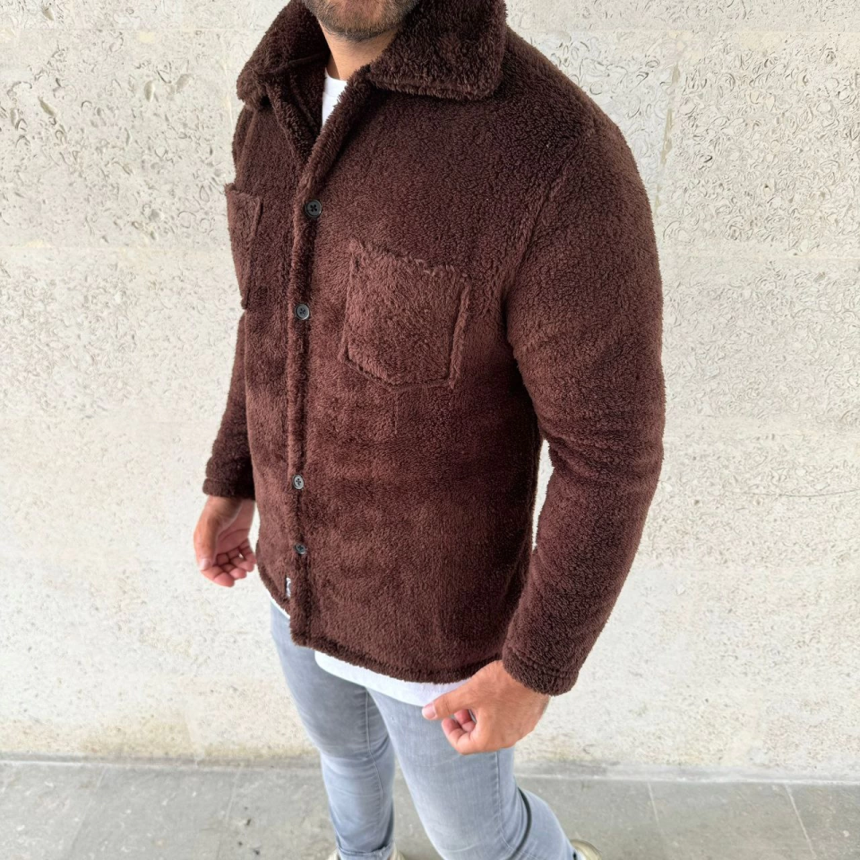 Erkek Pelüş Polar Hırka Gömlek – Yakalı, İlik Düğmeli, Göğüs Cepli,2 Yumuşak Dokulu Kışlık Regular Fit Rahat Günlük Model - Kahverengi