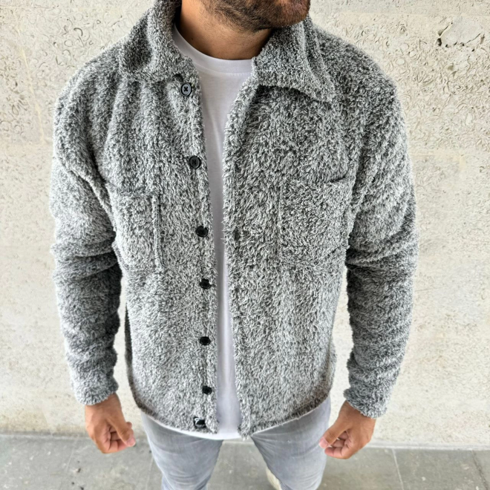 Erkek Pelüş Polar Hırka Gömlek – Yakalı, İlik Düğmeli, Göğüs Cepli, 9Yumuşak Dokulu Kışlık Regular Fit Rahat Günlük Model - Gri