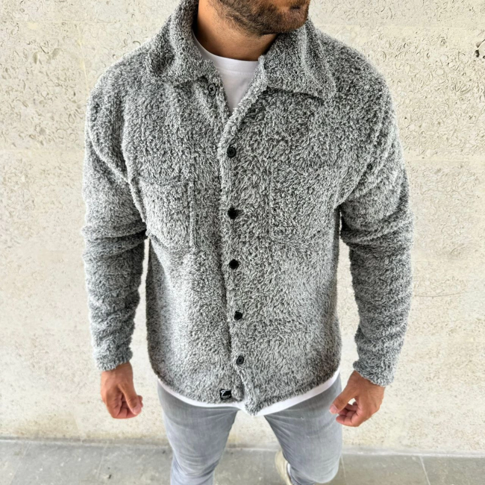 Erkek Pelüş Polar Hırka Gömlek – Yakalı, İlik Düğmeli, Göğüs Cepli, 9Yumuşak Dokulu Kışlık Regular Fit Rahat Günlük Model - Gri