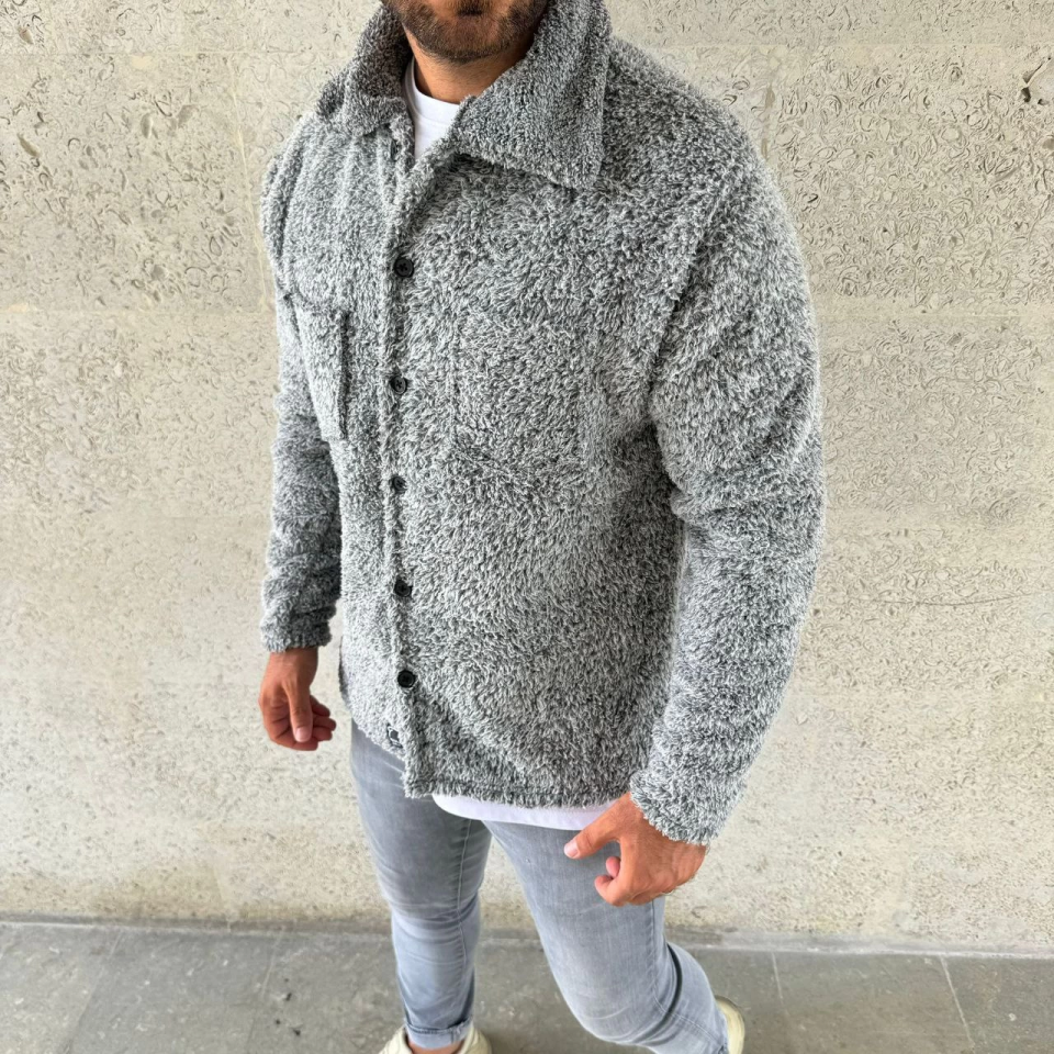 Erkek Pelüş Polar Hırka Gömlek – Yakalı, İlik Düğmeli, Göğüs Cepli, 9Yumuşak Dokulu Kışlık Regular Fit Rahat Günlük Model - Gri