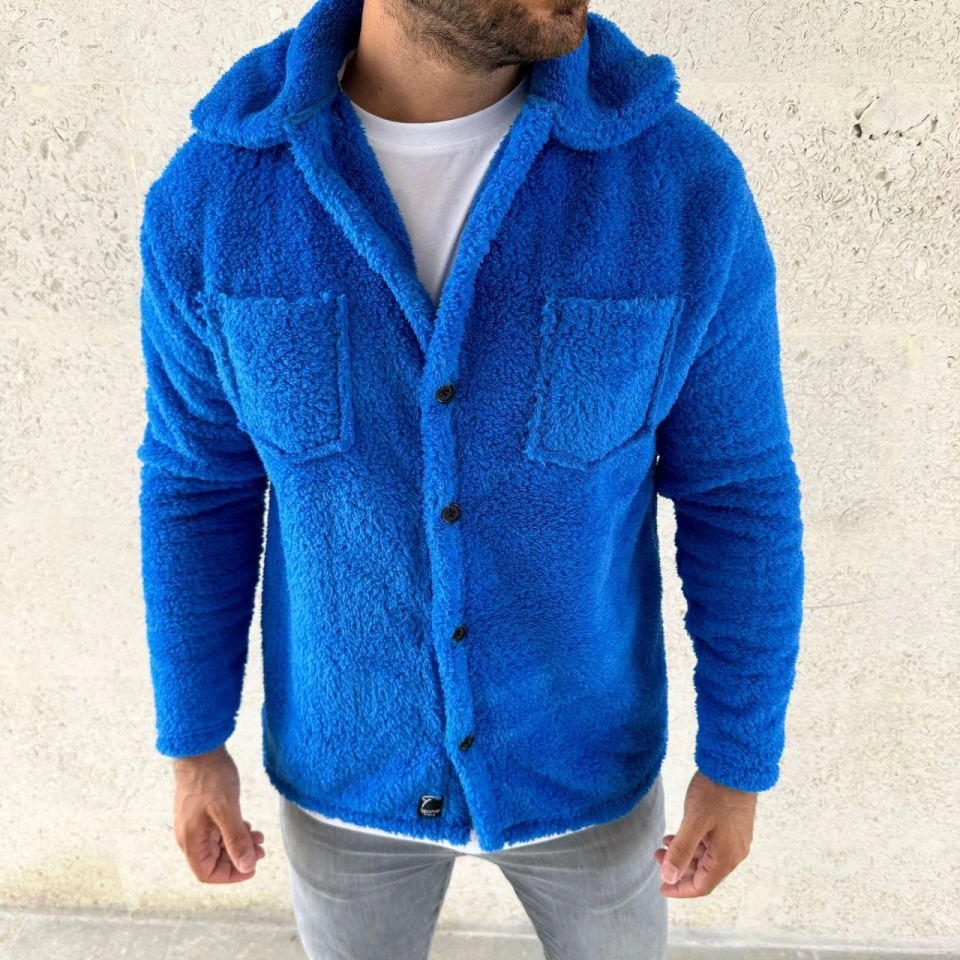 Erkek Pelüş Polar Hırka Gömlek – Yakalı, İlik Düğmeli, Göğüs Cepli,1 Yumuşak Dokulu Kışlık Regular Fit Rahat Günlük Model - Saks Mavisi
