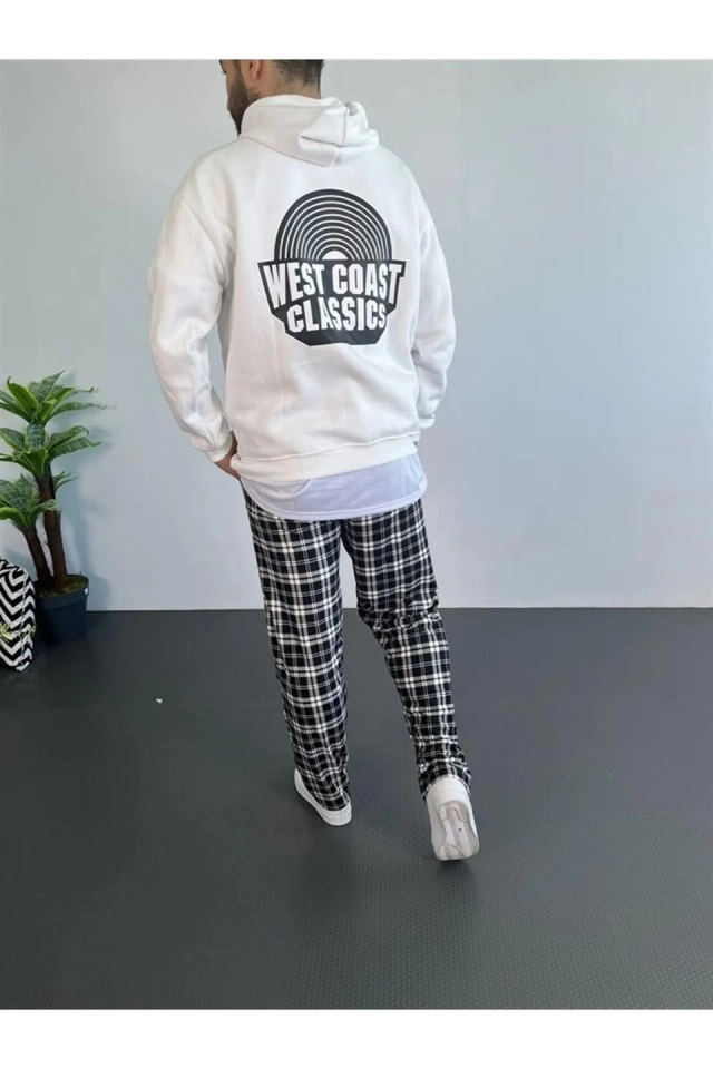 Erkek Oversize Üç İplik Kapüşonlu Sweatshirt – Beyaz Ön Baskılı, Kanguru Cepli, Rahat Kalıp, İçi Pamuklu Model
