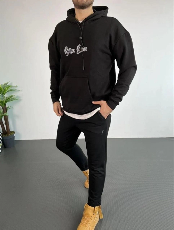 Erkek Kapşonlu Sweatshirt – Oversize Üç İplik Şardonlu Hoodie, “Other Lives” Ön - Arka Baskılı, Kanguru Cepli, Kışlık Rahat Günlük Stil - Siyah