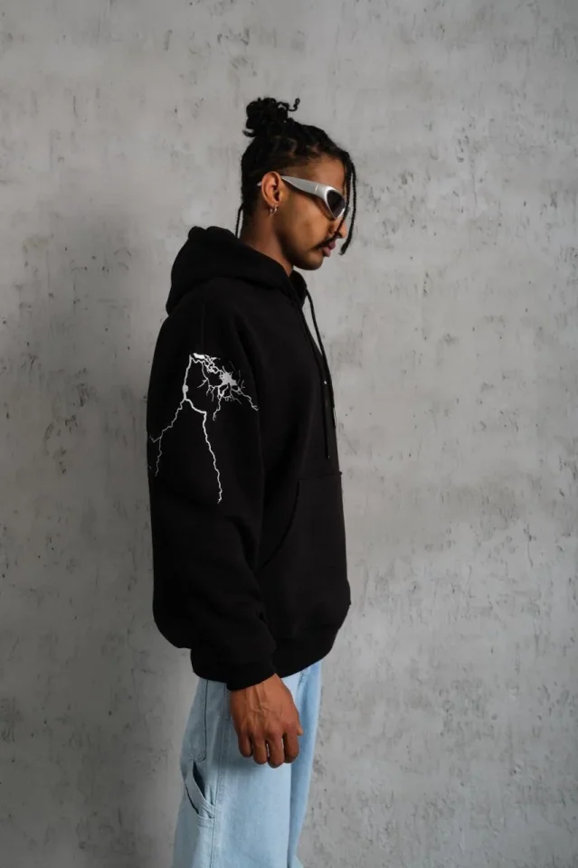 Erkek Oversize Üç İplik Kapüşonlu Sweatshirt – Siyah “Don’t Be Terrified” Ön, Sırt Ve Kol Baskılı, Kanguru Cepli, Ribanalı Rahat Model- Siyah