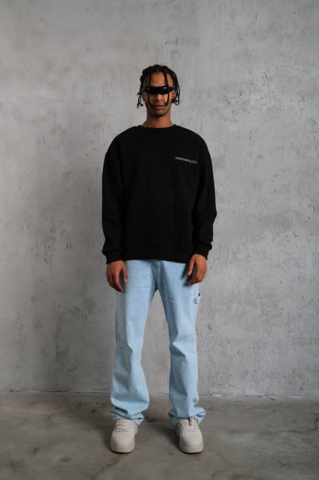 Erkek Oversize Sweatshirt – Siyah Renk  Ön Ve Sırt Baskılı, Üç İplik İçi Pamuklu Kumaş, Rahat Kalıp, Ribanalı Kışlık Sweat  Winagain Polizei Serisi - Siyah