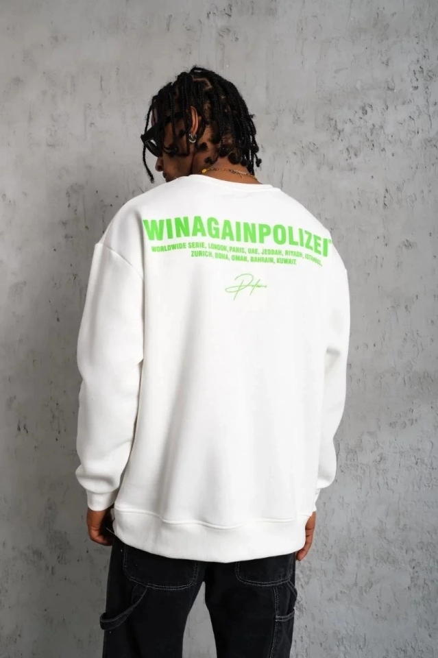 Erkek Oversize Sweatshirt – Beyaz Renk  Ön Ve Sırt Baskılı, Üç İplik İçi Pamuklu Kumaş, Rahat Kalıp, Ribanalı Kışlık Sweat  Winagain Polizei Serisi - Beyaz