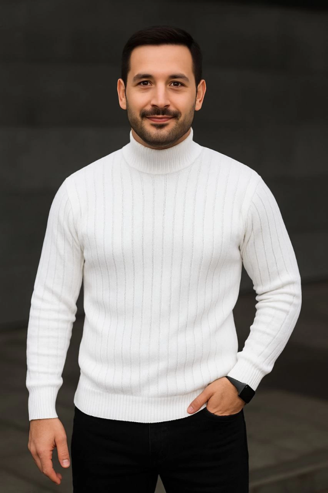 Erkek Balıkcı Yaka Bağazlı Triko Kazak Pamuklu Kalın Fitilli Dokuma, Regular Fit Uzun Kollu Kışlık Model - Beyaz
