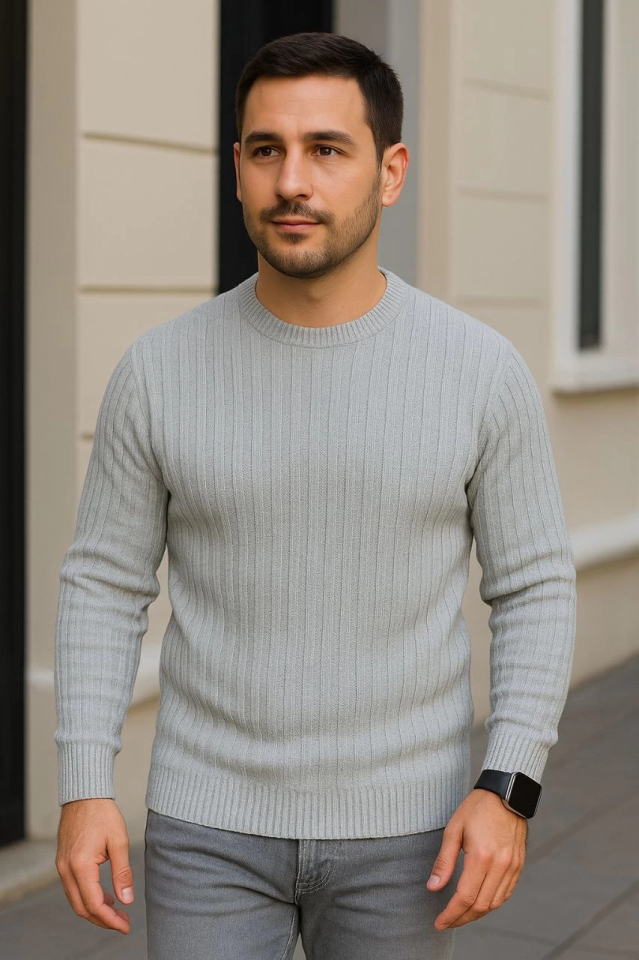 Erkek Bisiklet Yuvarlak Yaka Triko Kazak Pamuklu Kalın Fitilli Dokuma, Regular Fit Uzun Kollu Kışlık Model - Gri
