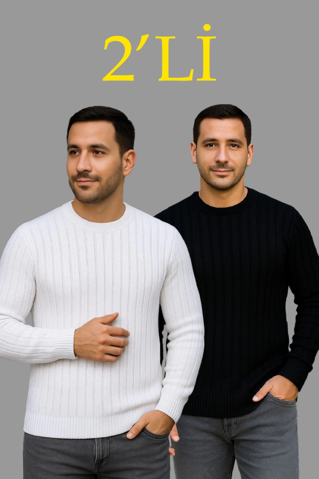 Erkek Fitilli Triko Kazak 2’li Set – Siyah - Beyaz, Kalın Dokuma Pamuklu Regular Fit Bisiklet Yaka Uzun Kollu Rahat Kışlık Kazak Kombini