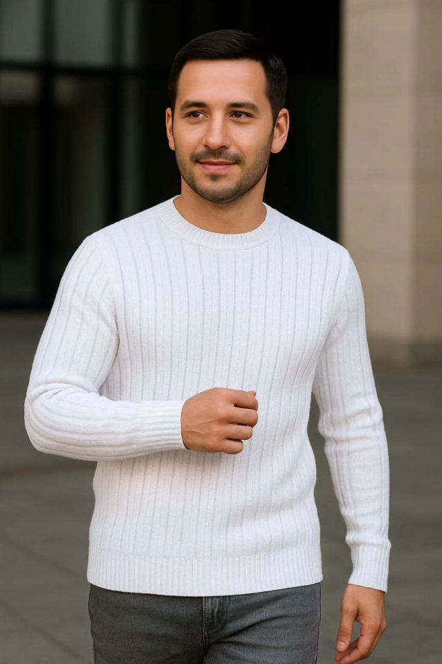 Erkek Fitilli Triko Kazak 2’li Set – Siyah - Beyaz, Kalın Dokuma Pamuklu Regular Fit Bisiklet Yaka Uzun Kollu Rahat Kışlık Kazak Kombini