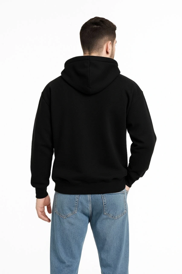 Erkek Kapüşonlu Sweatshirt  Hoodie 3 İplik Şardonlu Pamuklu Kumaş, Önü Baskılı, Fermuarlı Rahat Kalıp, Kışlık Ve Sokak Stili Sweat - Siyah