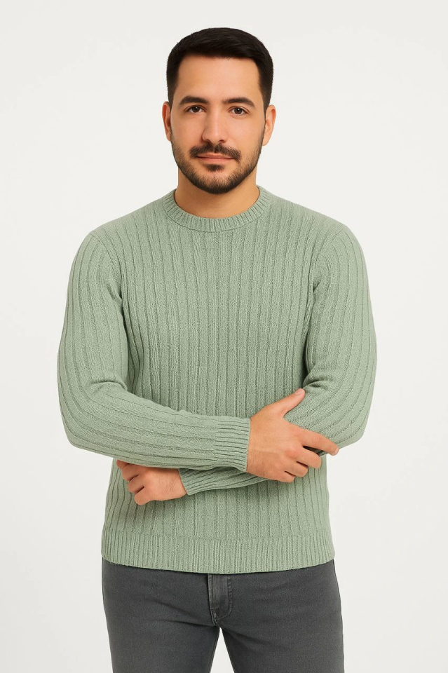 Erkek Bisiklet Yuvarlak Yaka Triko Kazak Pamuklu Kalın Fitilli Dokuma, Regular Fit Uzun Kollu Kışlık Model - Mint Yeşili