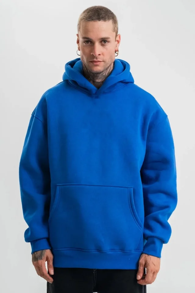 Erkek Saks Mavi Double Oversize 3 İplik Pamuklu Kapüşonlu Kanguru Cepli Sweatshirt Hoodie - Saks Mavi