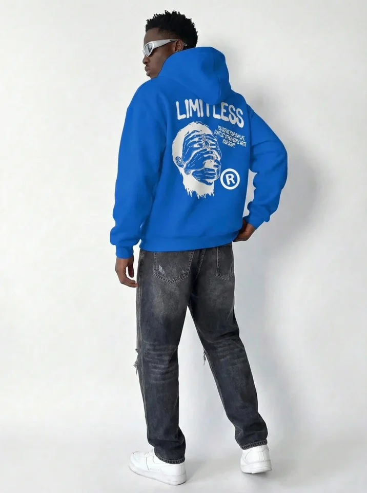 Erkek Premium Baskılı Kapşonlu Sweatshirt Üç İplik İçi Pamuklu Kanguru Cepli - Saks Mavisi