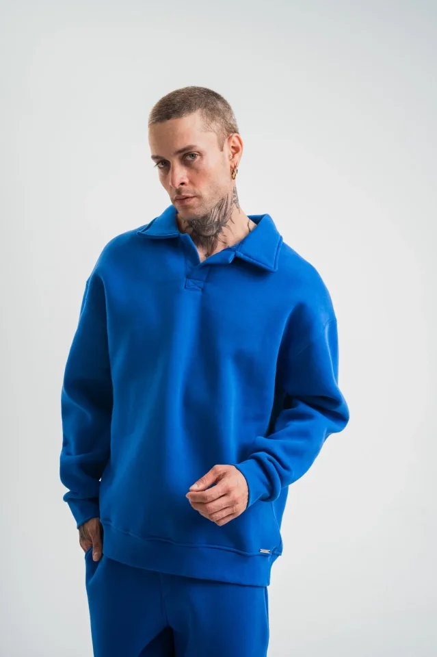 Erkek Patlı Yaka Üç İplik Pamuklu Sweatshirt Double Oversize Rahat Kalıp Günlük Kullanım - Mavi