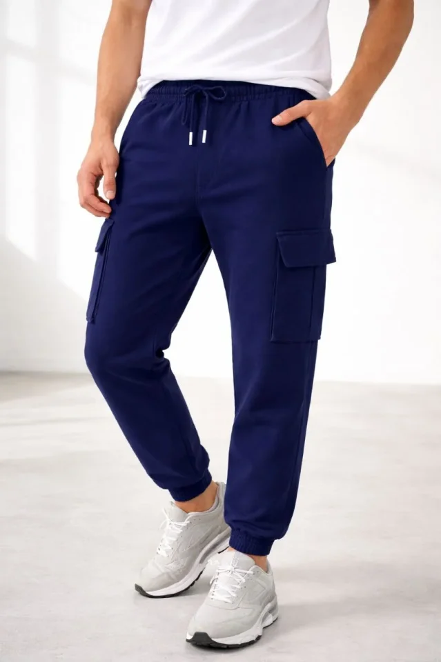 Erkek Jogger Eşofman Altı Regular Fit , Kargo Cepli, Lastikli Paça, Günlük Spor Pantolon - Lacivert