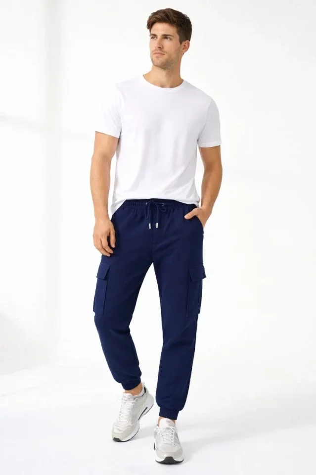 Erkek Jogger Eşofman Altı Regular Fit , Kargo Cepli, Lastikli Paça, Günlük Spor Pantolon - Lacivert